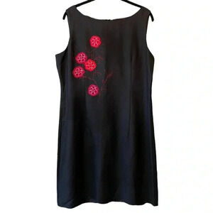 JENNIFER EDEN Black Sleeveless Sheath Dress w/ Red Flowers Applique Sz 16